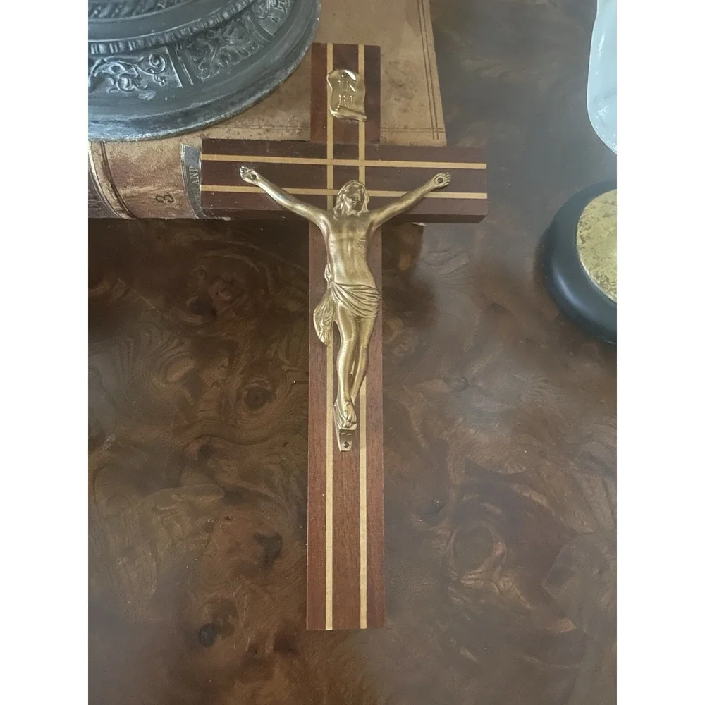 Vtg  Wooden Crucifix  With Wood Inlays Catholic‎ Cross Jesus Christ 10